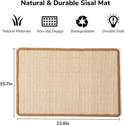 FUKUMARU Cat Scratcher Mat, 23.6 X 15.7 Inch Natural Sisal Cat Scratch Mats, Horizontal Cat Floor Scratching Pad Rug with Sticky Tapes, Protect Sofa and Carpet