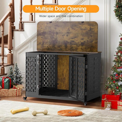 ONBRILL Heavy Duty Dog Crate Furniture for Large and Medium Dogs, 43.7 Inch Large Dog Crate Kennel with Flip Top & Cushion & Wheels, Escape Proof Pet Cage,Wooden Cage Kennel Furniture Indoor