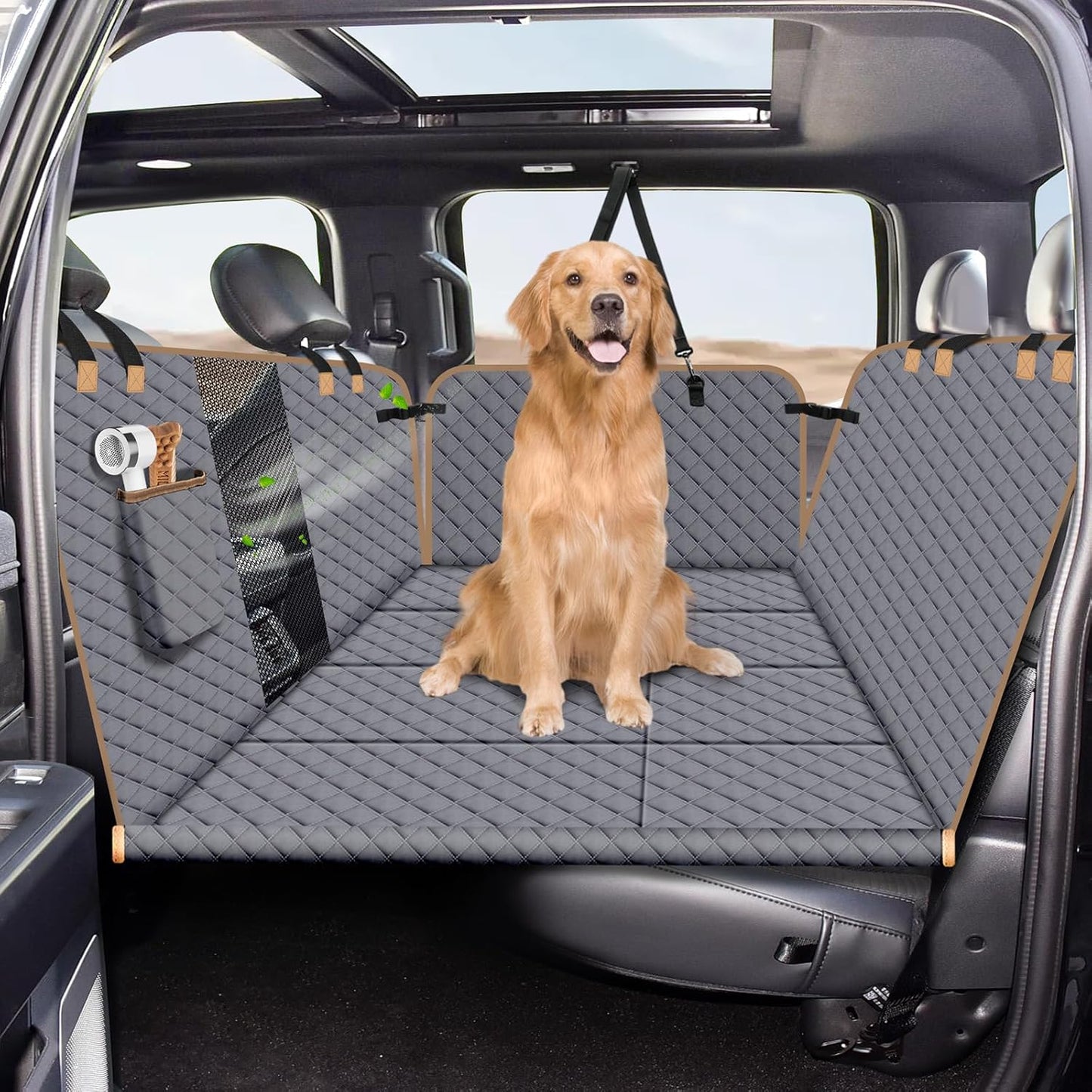 Dog Car Seat Cover for Back Seat, Dog Car Bed Cover with Strong Hard Bottom, Car Back Seat Extender Hammock for Car SUV Truck 4 Panels Gray Color Large Size - Pawvie