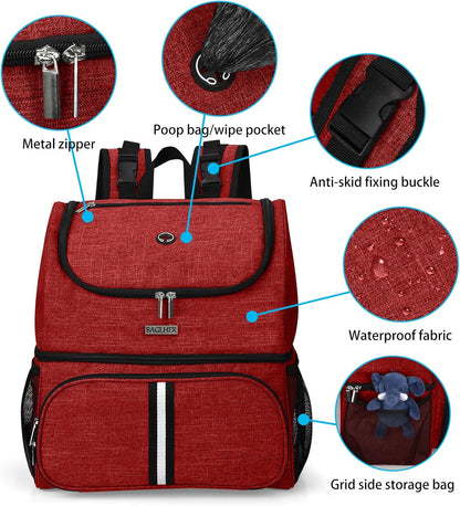 BAGLHER Pet Travel Bag, Double-Layer Pet Supplies Backpack (for All Pet Travel Supplies), Pet Travel Backpack with 2 Silicone Collapsible Bowls and 2 Food Baskets Red - Pawvie