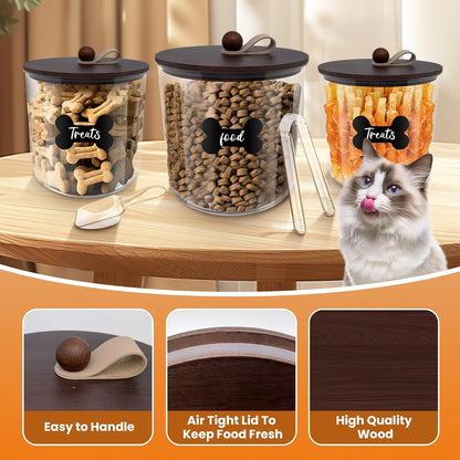 3 Pack Airtight Dog Food Storage Container, Dog Treat Container Dog Food Container with Wood Lids 8x7''&6x5'',Pet Food Storage Container,Cat Food Containers with Scoops,Clamp,Labels,Pens