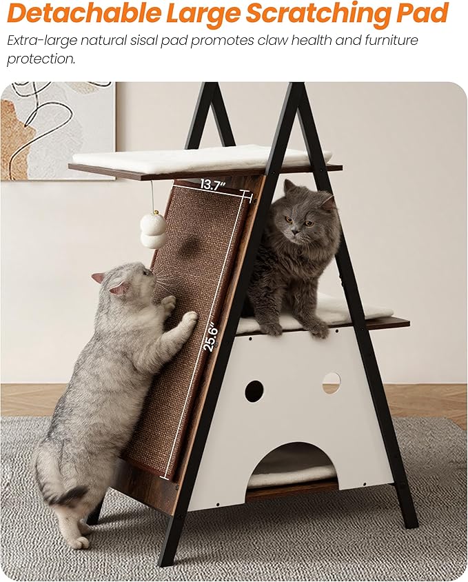 Modern Wood Cat Tree Tower for Indoor Cats Large Adult - 67 Inch Tall Multi-Level Heavy Duty Cat Condo Trees Furniture with Caves Perch Bed Scratching Board - XL Big Sturdy Wooden Kitty House