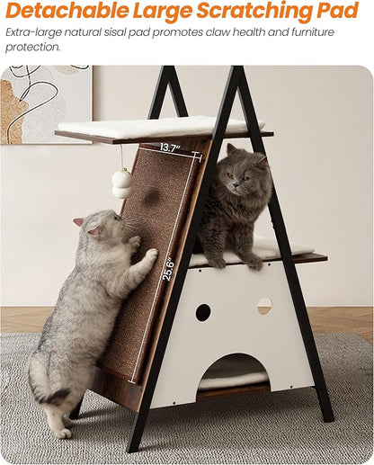 Modern Wood Cat Tree Tower for Indoor Cats Large Adult - 67 Inch Tall Multi-Level Heavy Duty Cat Condo Trees Furniture with Caves Perch Bed Scratching Board - XL Big Sturdy Wooden Kitty House
