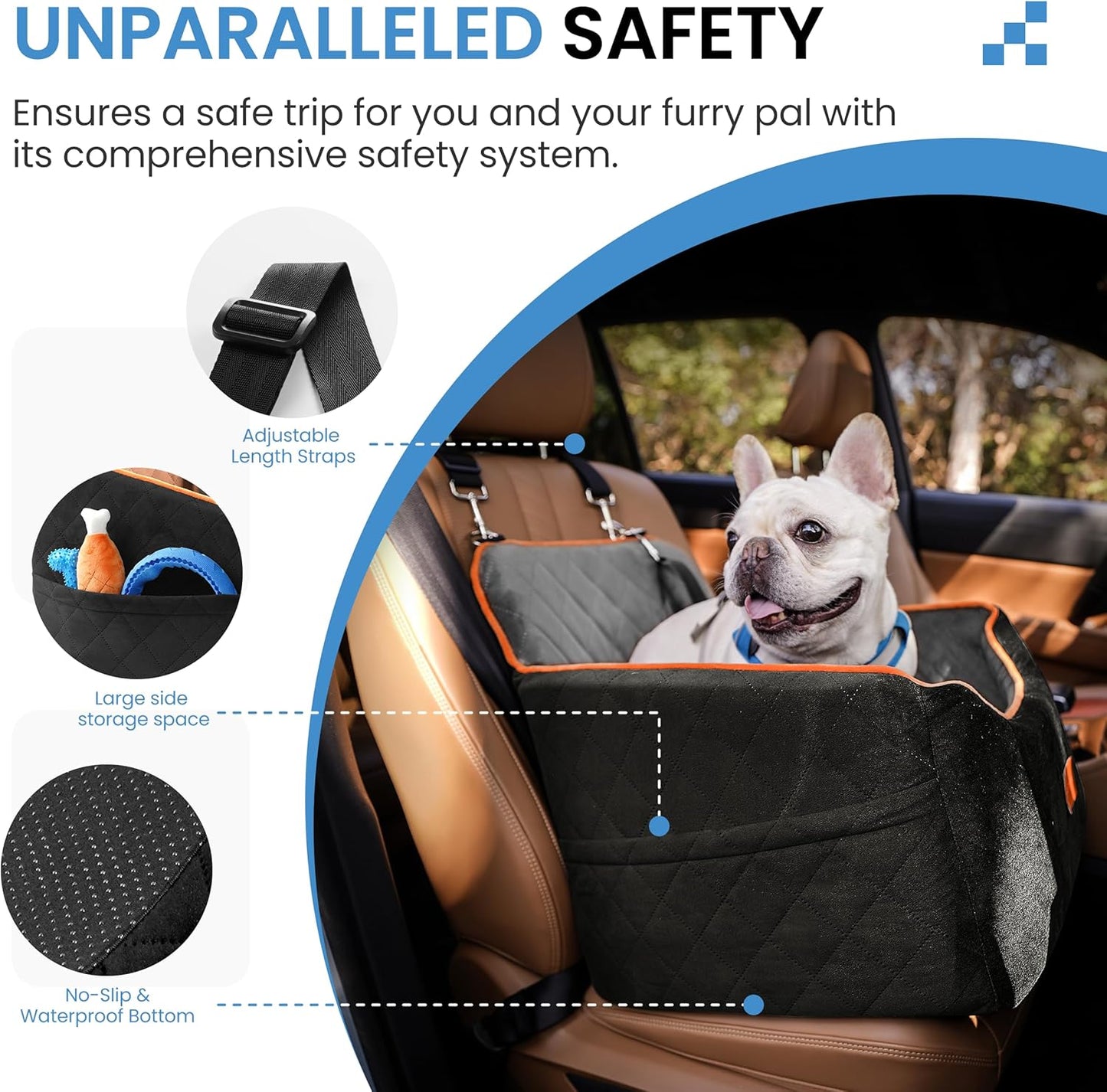 Dog Car Seat for Small Dogs - Puppy Car Seat with Safety Strap & Waterproof Padding, Portable Pet Carrier for Cars, Trucks & SUVs, Comfortable Elevated Bed for Pets Up to 35lbs (Black/Grey) - Pawvie