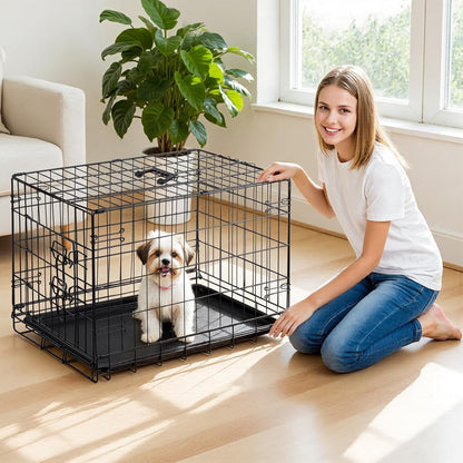Dog Crate, 30 Inch Medium Wire Kennel with Divider Panel, Metal Cages with Double Door, Leak-Proof Pan Tray, Folding Portable for Indoor Outdoor Travel