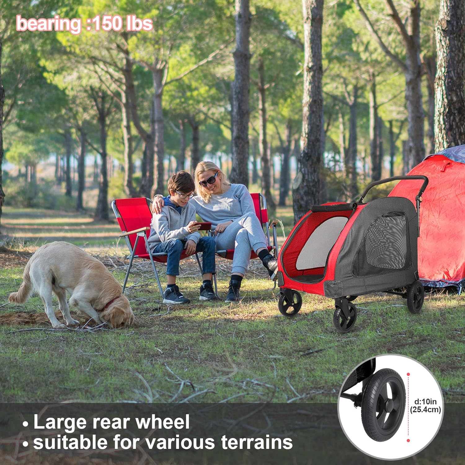 Large Dog Travel Stroller with 4 Heavy Duty Wheels Pet Stroller with Adjustable Handle - Double Doggie Capacity Jogger Wagon with Back Front Door for Small Medium Large Dogs (Red-Black) - Pawvie