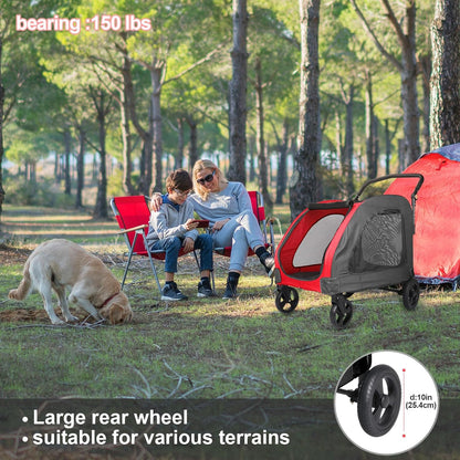 Large Dog Travel Stroller with 4 Heavy Duty Wheels Pet Stroller with Adjustable Handle - Double Doggie Capacity Jogger Wagon with Back Front Door for Small Medium Large Dogs (Red-Black) - Pawvie
