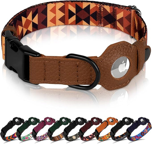 AirTag Dog Collar with Metal Buckle - Printed Nylon Soft Leather Dog Collar with Apple AirTag Holder - Secure Tracking GPS Pet Collars for Girl Boy Small Large Dogs (L, 17"-21" Neck Fit, Tribal)