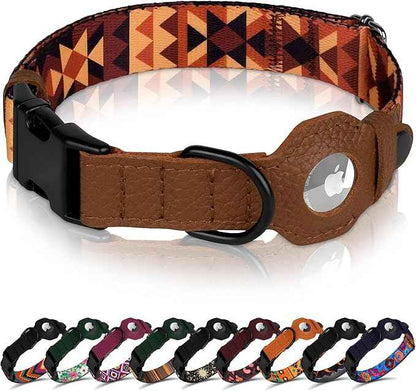 AirTag Dog Collar with Metal Buckle - Printed Nylon Soft Leather Dog Collar with Apple AirTag Holder - Secure Tracking GPS Pet Collars for Girl Boy Small Large Dogs (XS, 9"-12" Neck Fit, Tribal)