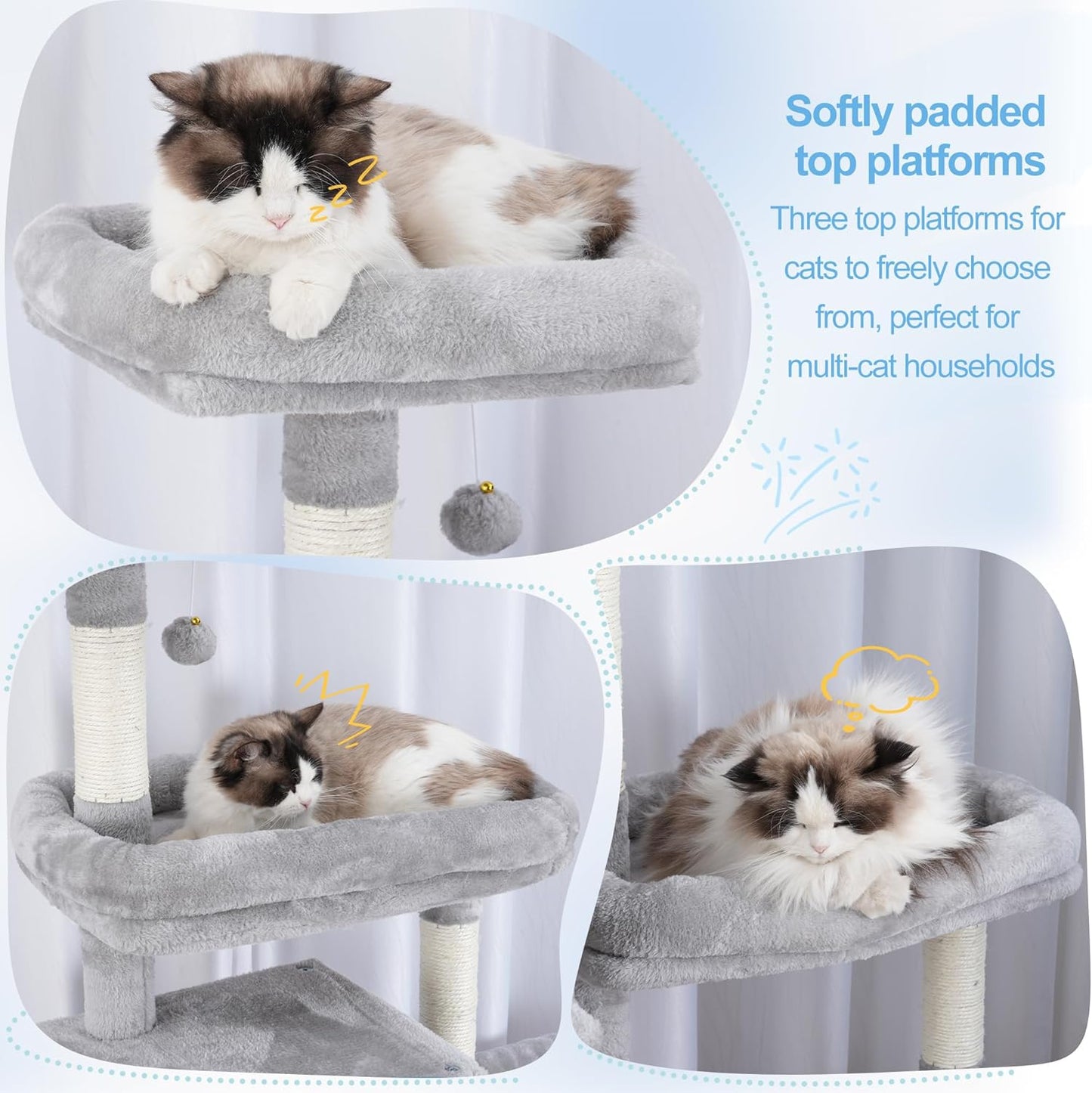 Hey-brother Cat Tree Tower, Scratching Posts with a Extended Part, Wide Platforms, Cozy Condos, Hammocks, Sisal Columns and Ball for Indoor Cats, 70.1 Inches, Light Gray MPJ038W