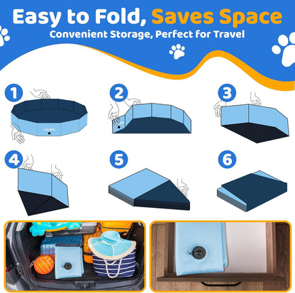 48" x 12" Foldable Dog Pool - Collapsible Hard Plastic Kiddie Pool for Dogs & Kids, Non-Slip Pet Bath Tub for Outdoor Backyard Use, Lightweight & Portable (Blue)