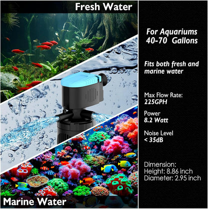 AquaMiracle Submersible Aquarium Filter 3-Stage in-Tank Filter with Dual Water Outlet & Aeration, Water Flow Adjustable 225GPH Internal Fish Tank Filter for 20-70 Gallon Aquariums