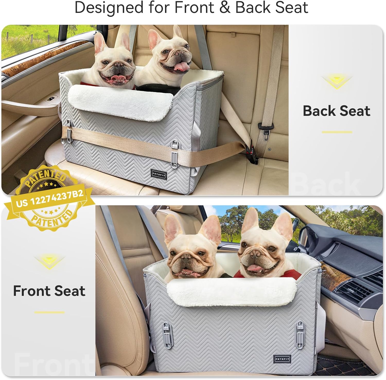 PETSFIT Dog Booster Car Seat, Waterproof PU Leather Car Seat for Dogs with Patented Safe Buckles, 2 Clip-On Safety Leashes, Suitable for 2 Small Dogs or a Medium Dog (Medium, Grey) - Pawvie