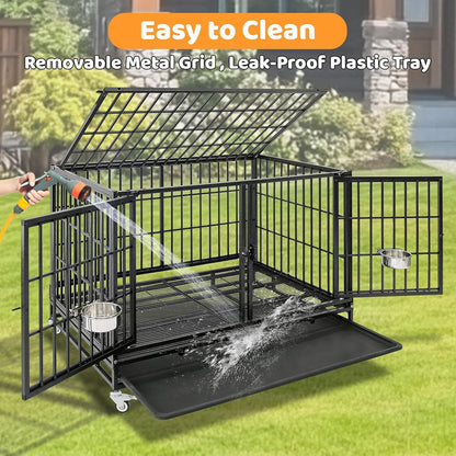 Homey Pet 2 Pack Three Tiers 43 inch Stackable Heavy Duty Dog Crate with Wheels, Indestructible Steel Dog Cage Kennel Indoor with Detachable Divider, Trays, Feeding Bowls, Escape Proof Locks