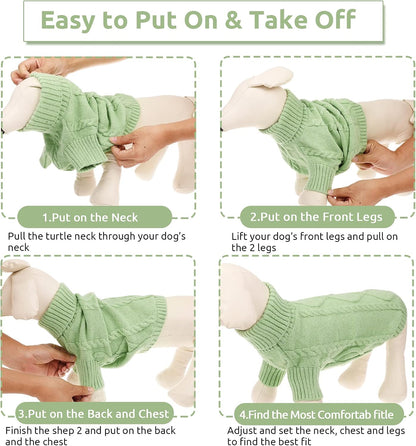 Queenmore Small Dog Pullover Sweater, Cold Weather Cable Knitwear, Classic Turtleneck Thick Warm Clothes for Chihuahua, Bulldog, Dachshund, Pug, Yorkie (Green, Large)