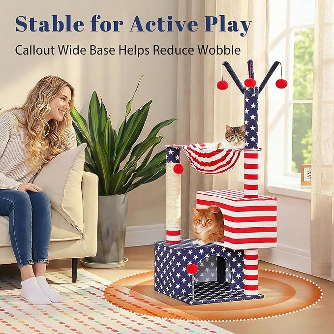 American Flag Cat Tree for Kittens & Senior Cats, 45” Stable Cat Tower Corner Fit, Patriotic Star & Stripes Cat House for Small Spaces with 2 Condos, Hammock & Reinforced Scratching Posts