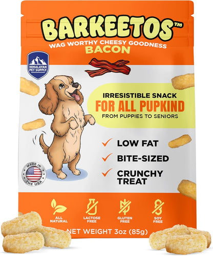 Barkeetos Dog Treats, Crunchy and Cheesy Pet Snacks Made with Real Himalayan Cheese and Bacon, Gluten Free, Grain Free, Lactose Free, Natural Dog Food for All Breeds and Sizes
