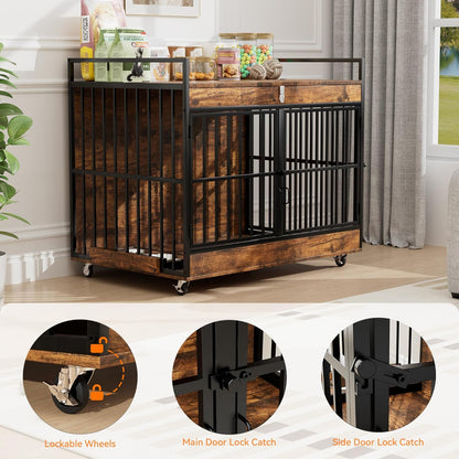 Dog Crate Furniture Large Breed with 2 Stainless Steel Bowls, Large Wooden Dog Crate Table, Escape-Proof & Chew-Proof XL Furniture, Decorate House As TV Stand, End Table, 45" L X 30" W 37" H