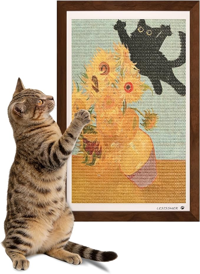 Wall Art Cat Scratcher Sisal Mat, No-Drill Wall Mounted Cat Scratch Pad with Frame, 13.8 x 21.7 Inch Cat Wall Scratchers for Indoor Cats（Sunflower）