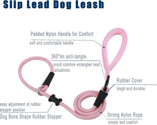 Slip Lead Dog Leash,Strong Nylon Rope Leash and Padded Handle,No Pull Outdoor Walking Training Lead for Small Medium Large Dogs (Pink, 1/2"×4ft)