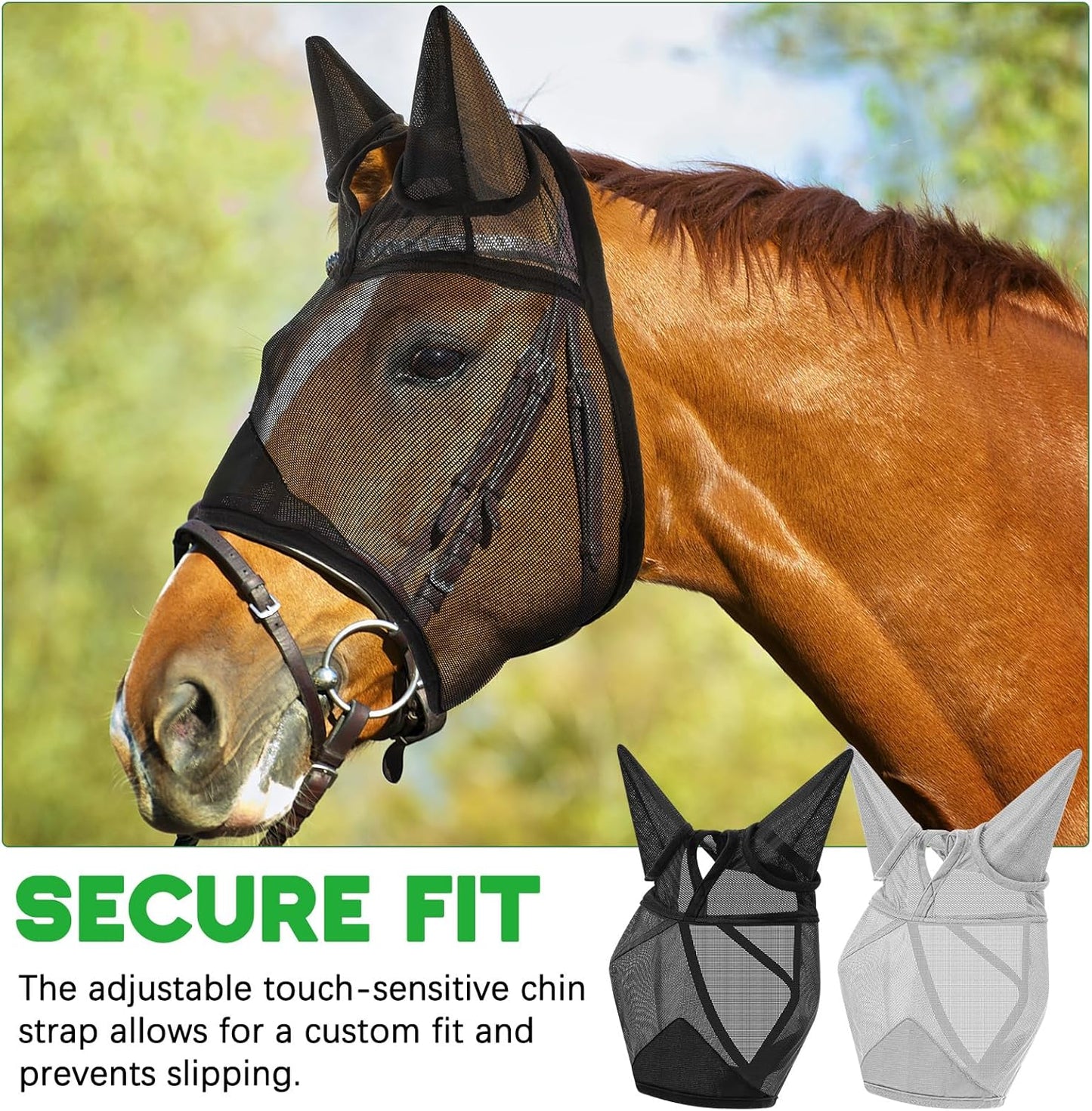 2 Pcs Horse Fly Mask with Ears Adjustable UV Protection Horse Fly Mask Accessories Large Eye Space with Ears for Horses Summer, Black and Gray, L
