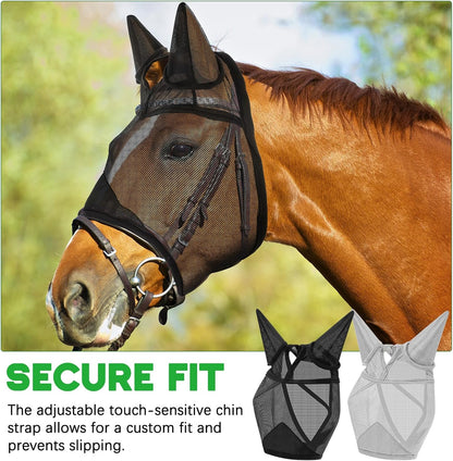 2 Pcs Horse Fly Mask with Ears Adjustable UV Protection Horse Fly Mask Accessories Large Eye Space with Ears for Horses Summer, Black and Gray, L