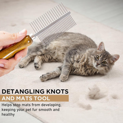 Takavu Double-Sided Metal Pet Comb for Dogs & Cats - Stainless Steel Teeth for Detangling, Removing Loose Hair & Flea Check - Grooming Tool