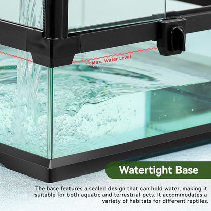 18x12x12 12 Gallon Glass Reptile Tank Front Opening Terrarium Suitable for Leopard Geckos, Snakes Tree Frogs Chameleons Watertight Base, Ventilated Metal Mesh Top, Pre-Drilled Cable Holes