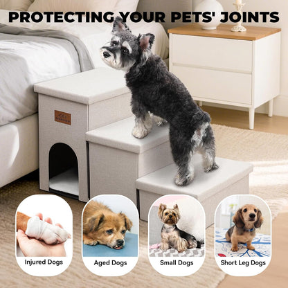 Dog Stairs with Condo 18" H, 3-Step Wider Dog Steps for High Beds Couch, Folding Storage Pet Stairs Gift for Small/Medium/Large Old Dogs Cats, Ramp for Climbing Car Up to 200 lbs, Beige
