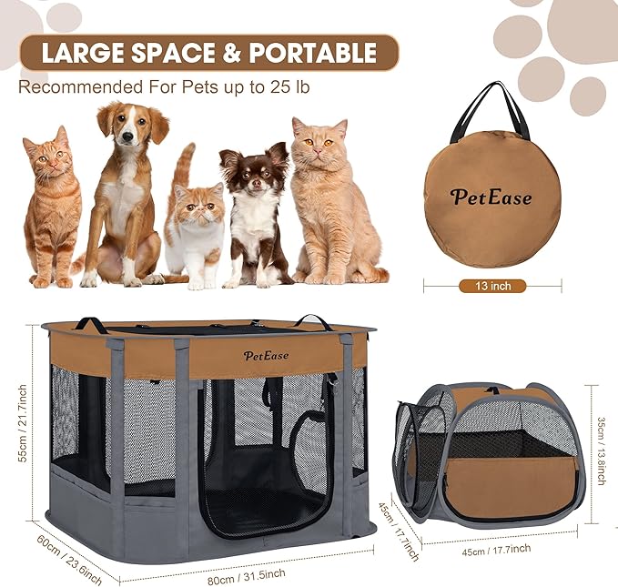 Portable Cat Playpen with Litter Box, Cat Enclosure for Camping, Cat Recovery Playpen After Surgery, Foldable Indoor Outdoor Pet Tent for Cats Rabbits Puppies (Brown)