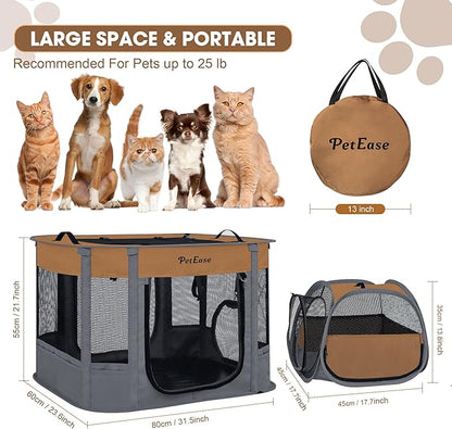 Portable Cat Playpen with Litter Box, Cat Enclosure for Camping, Cat Recovery Playpen After Surgery, Foldable Indoor Outdoor Pet Tent for Cats Rabbits Puppies (Brown)