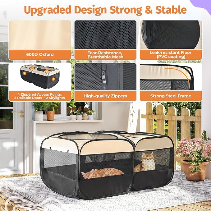 2-in-1 Dog Playpen 73.5''Pop Up Cat Pet Playpen, Assembly-Free Indoor Outdoor Kitten Enclosure, Kitten Pen Cat Cage Portable Puppy Tent Crates Kennel for Small Animals(No Divider, Unified Space)