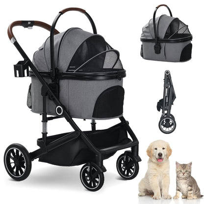 Pet Stroller with 4 Wheels, 3 in 1 Folding Puppy Strollers for Small/Medium Dogs Cats up to 50lbs, Lightweight Pet Travel Carrier with Detachable Cushion, Storage Basket and Cup Holder, Gray - Pawvie