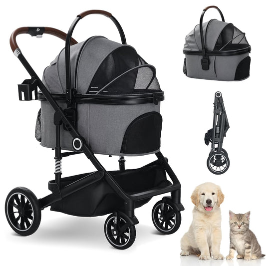 Pet Stroller with 4 Wheels, 3 in 1 Folding Puppy Strollers for Small/Medium Dogs Cats up to 50lbs, Lightweight Pet Travel Carrier with Detachable Cushion, Storage Basket and Cup Holder, Gray - Pawvie