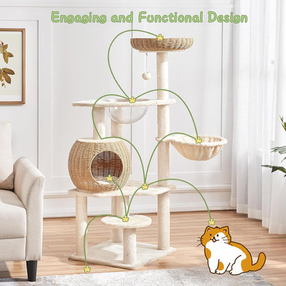 Yaheetech 54in Rattan Cat Tree, Modern Tower with Breathable Woven Condo, Scratching Posts & Washable Cushions, Naturally Cool in Summer, Cute Furniture for Indoor Cats