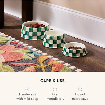 MACKENZIE-CHILDS Enamel Pet Bowl, Cute Cat and Dog Bowl for Food and Water, Large, Green-and-White Emerald Check