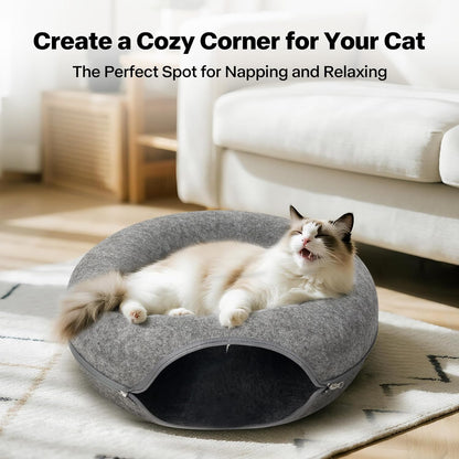 Pawise Peekaboo Cat Cave Donut Tunnel Bed, Cat Tunnel Bed,Bonus Separate Pom-Pom Bell Toy (Not Attached to Cave),Convertible Felt Cats Cave for Indoor Catty(X-Large)