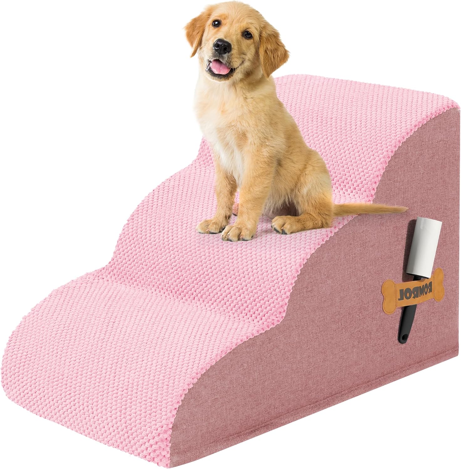 Romrol Dog Stairs Ramp for High Beds Couches, High Density Foam Pet Steps with Durable Non-Slip Waterproof Fabric Cover, Dog Stairs for Small Dogs or Cats or Pets, 3-Step,15 Inch,Pink - Pawvie
