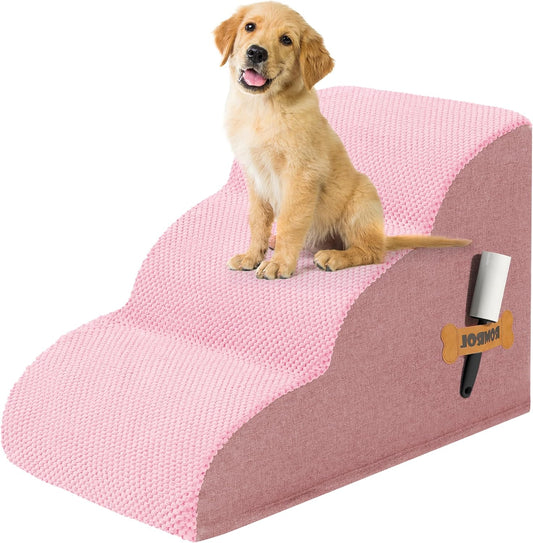 Romrol Dog Stairs Ramp for High Beds Couches, High Density Foam Pet Steps with Durable Non-Slip Waterproof Fabric Cover, Dog Stairs for Small Dogs or Cats or Pets, 3-Step,15 Inch,Pink - Pawvie