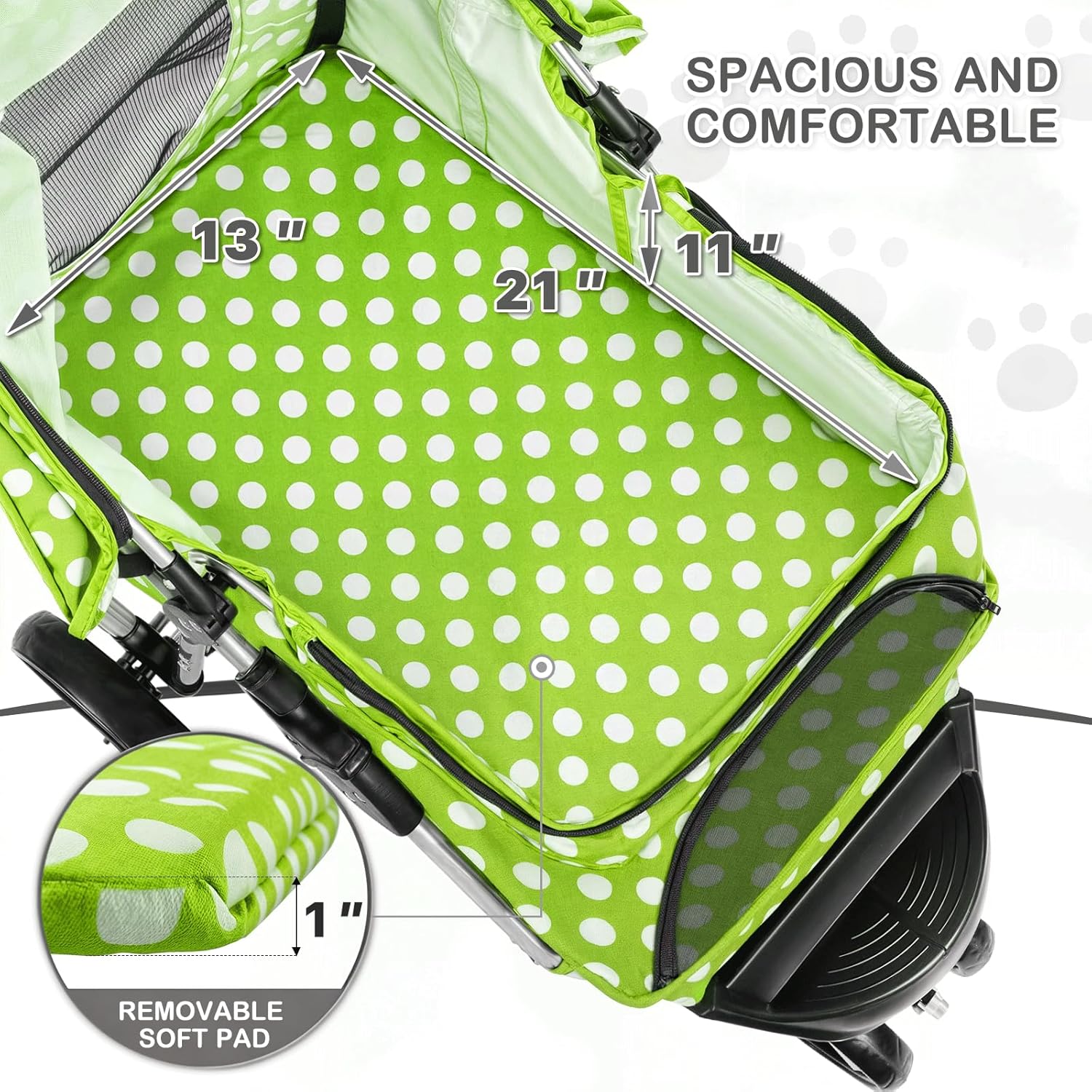 MoNiBloom 3 Wheels Pet Dog Cat Stroller for Small Medium Dogs Cats, Foldable Jogger Stroller w/Storage Basket and Cup Holder, Lawn Green Polka Dots - Pawvie