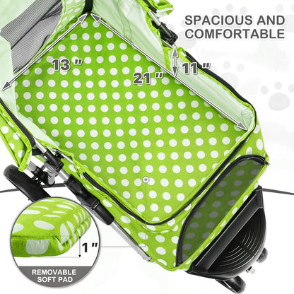 MoNiBloom 3 Wheels Pet Dog Cat Stroller for Small Medium Dogs Cats, Foldable Jogger Stroller w/Storage Basket and Cup Holder, Lawn Green Polka Dots - Pawvie