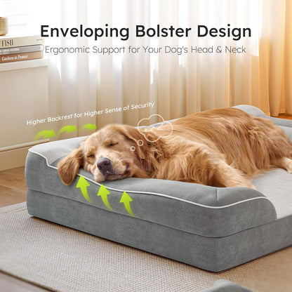 Extra Large Dog Bed, Orthopedic Dog Bed with Cooling Gel Memory Foam, Waterproof XL Pet Bed with Removable Washable Cover, 42" Pet Sofa Couch Dutch Velvet with Bone Toy, Light Gray