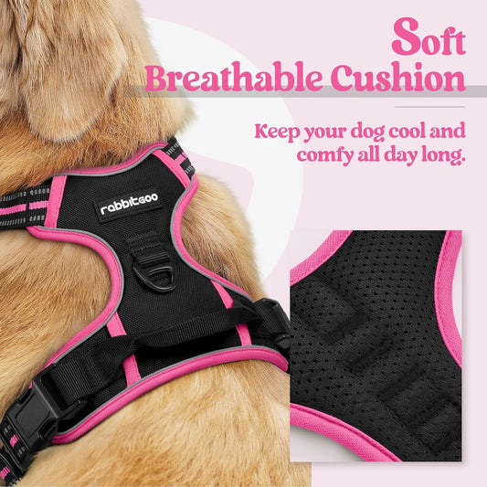 rabbitgoo Dog Harness No Pull with 2 Leash Clips, Adjustable Soft Padded, Reflective Oxford No Choke Pet Vest with Easy Control Handle for Large Dogs, Black & Hot Pink, S