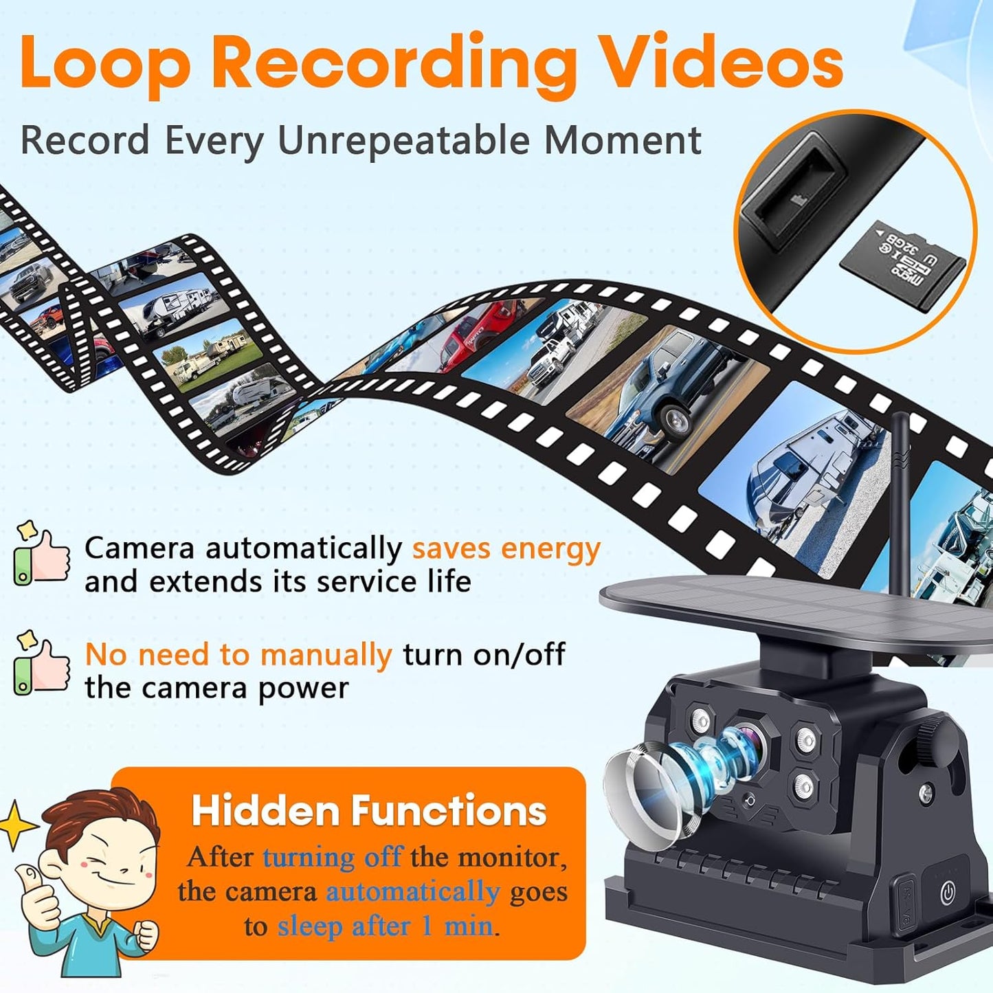 Wireless Backup Camera for RV Install-Free 7-Inch: Magnetic HD 1080P Recording Solar Rear View Camera No-Delay Signal with Touch Button Monitor System Y08