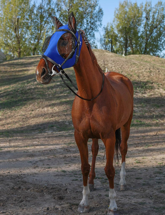Horse Fly Mask with Ears, UV Protection Mask for Horses, Elasticity Mask with Big Mesh Eye Covers, Snug Fitting Comfortable Breathable Lightweight Royal Blue Full Size