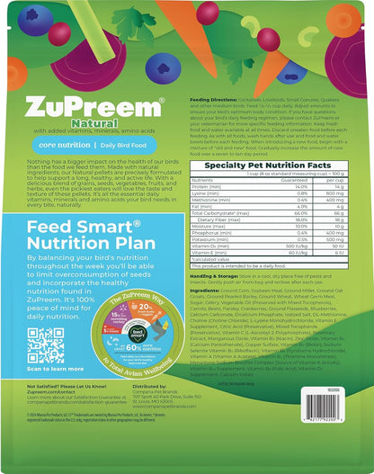 ZuPreem Natural Bird Pellets, Daily Bird Food for Cockatiel, Lovebird, Quaker, Small Conure, Lorikeet, Core Nutrition for Medium Birds, Added Vitamins, Cockatiel Pellets (M, 2.5 lbs)