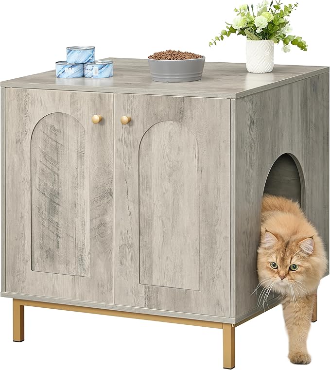 Cat Litter Box Enclosure, Hidden Litter Box Furniture Cabinet, Wooden Indoor Cat House, Side End Table, Living Room, Bedroom, Greige and Gold CB81205G