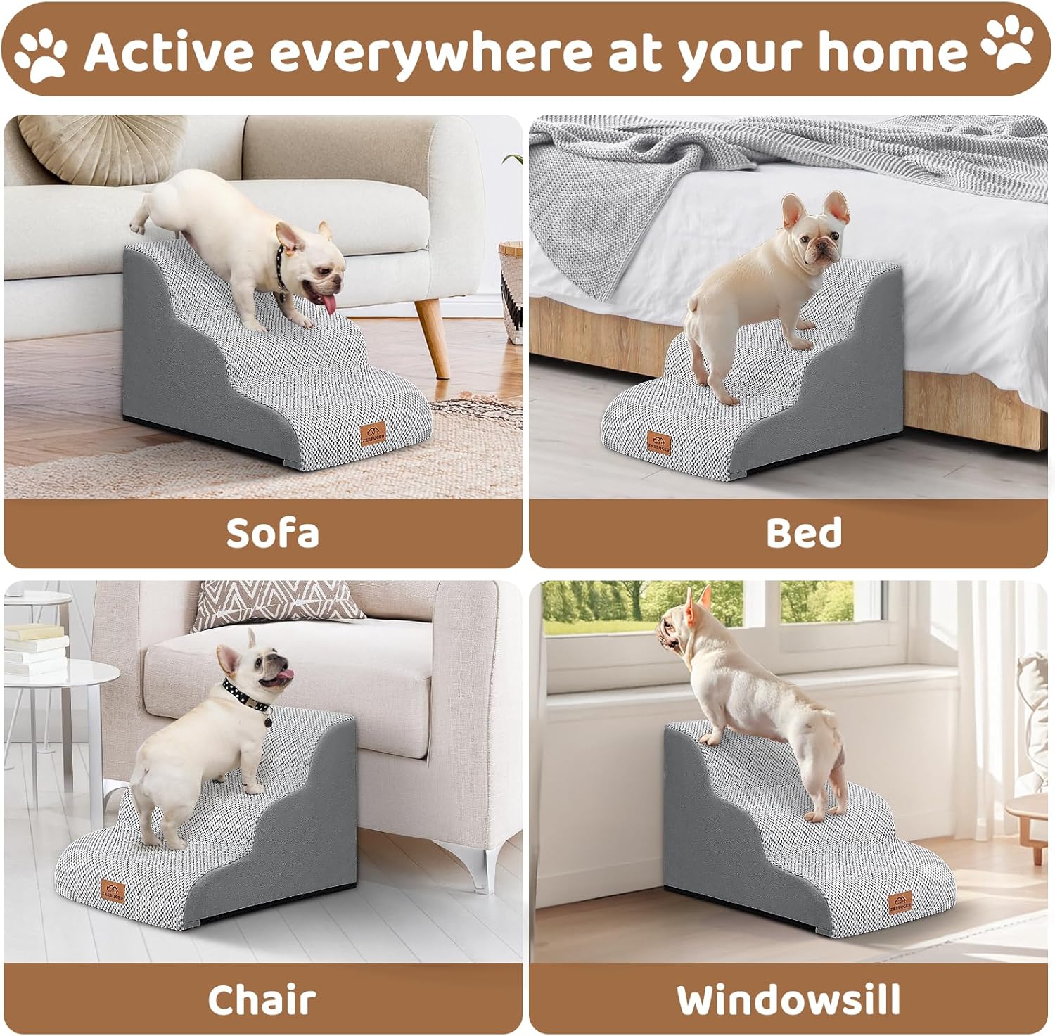 Dog Ramp and Stair for Bed 16" H-20 H,3-Step Cat Stair for Sofa and Chair,4-Step Dog Ramp for High Bed and Window,Durable Nonslip Fabric Cover for Indoor (Light Grey-16 H, Pet Friendly, 3) - Pawvie