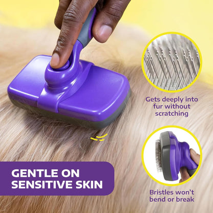 Hertzko Self Cleaning Slicker Brush for Dogs and Cats - Pet Hair Brush for Shedding Long and Short Hair - Easy Clean Retractable Bristles - Cat and Dog Grooming Tool - Purple