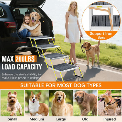 Reflective 20" Wide Dog Car Ramp, 4-Step Aluminum Stairs with Non-Slip Carpet - Foldable Design for Trucks/SUVs/Beds - Heavy Duty 200Lbs Capacity for Large Breeds - Pawvie